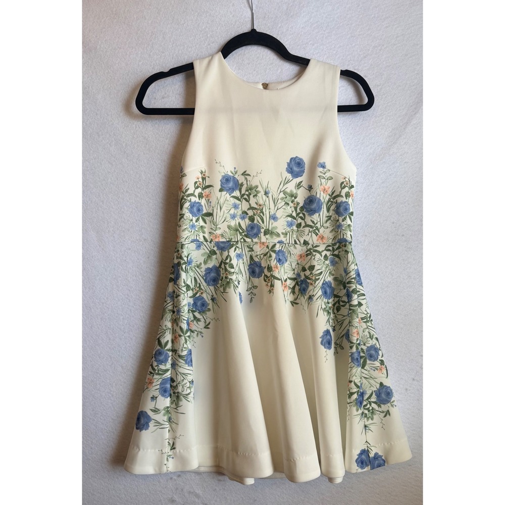GB Girls Cream Blue Floral Rose Fit & Flare Party Dress Sleeveless Size 14 NWT